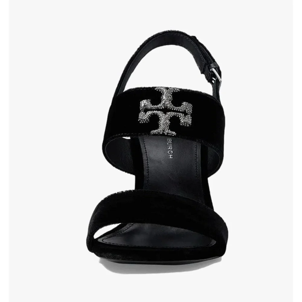 Tory Burch Eleanor Pave Heel Sandal in Black Velvet‎ Leather Rt-428$ Sz-9.5